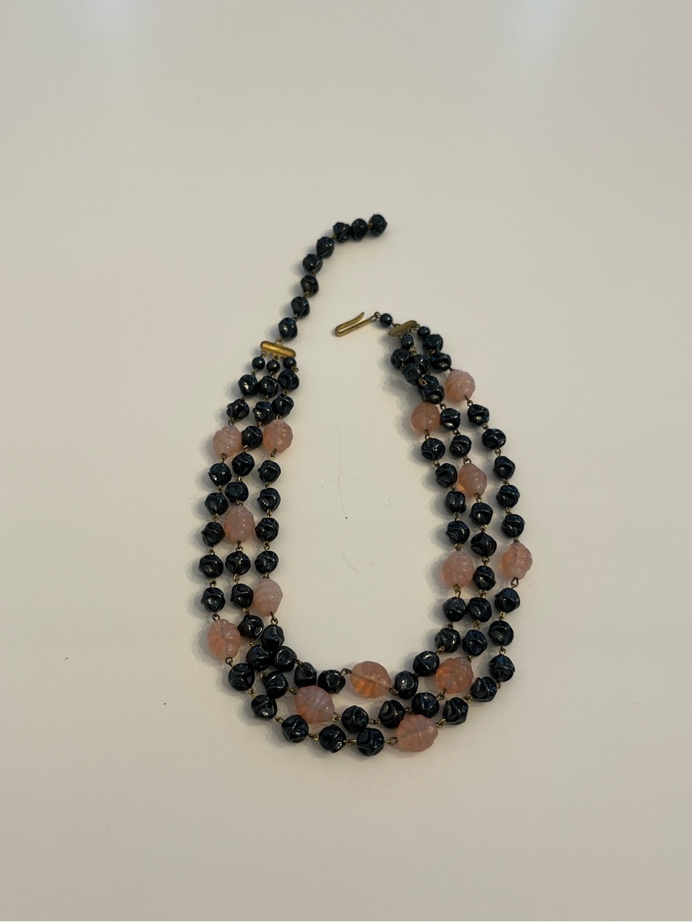 Vintage Three-Strand Black and Pink Beaded Necklace Stamped Germany